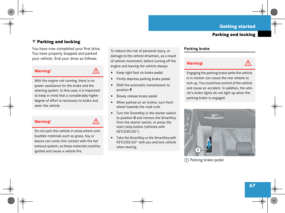 Parking:on hills, Parking brake, Parking and locking | Mercedes-Benz GL-Class 2008 Owners Manual User Manual | Page 68 / 601