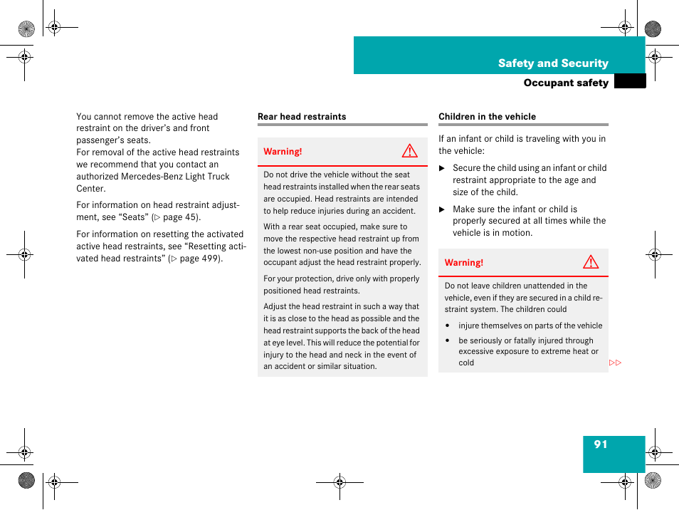 Head restraints:rear seats, Children in the vehicle, Rear head restraints children in the vehicle | See “children in the vehi, Formation, see, Ildren, see “children in the vehicle, See “children in the vehicle | Mercedes-Benz GL-Class 2008 Owners Manual User Manual | Page 92 / 601