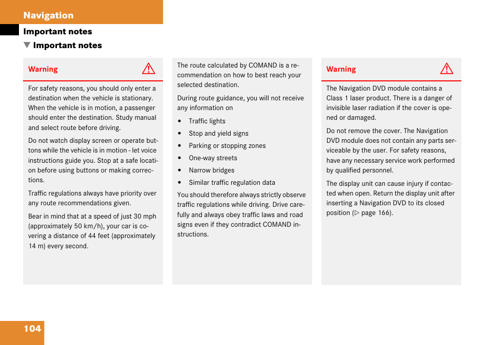Important notes, 104 navigation | Mercedes-Benz G-Class 2008 COMAND Manual User Manual | Page 104 / 192