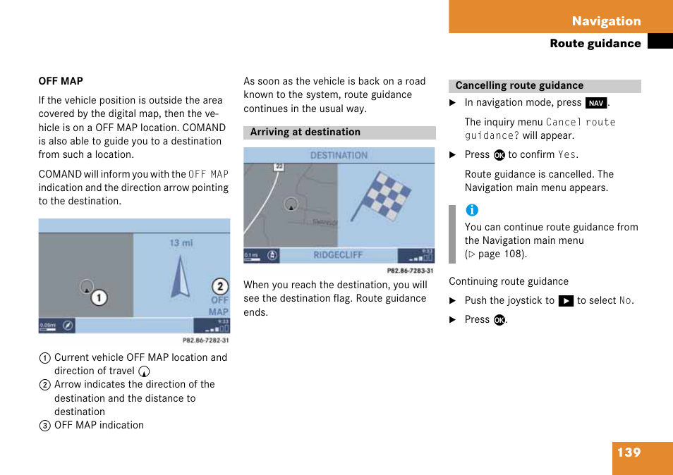 Arriving at destination, Cancelling route guidance, Arriving at destination cancelling route guidance | 139 navigation | Mercedes-Benz G-Class 2008 COMAND Manual User Manual | Page 139 / 192