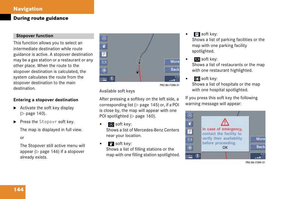 Stopover function, Function, 144 navigation | Mercedes-Benz G-Class 2008 COMAND Manual User Manual | Page 144 / 192