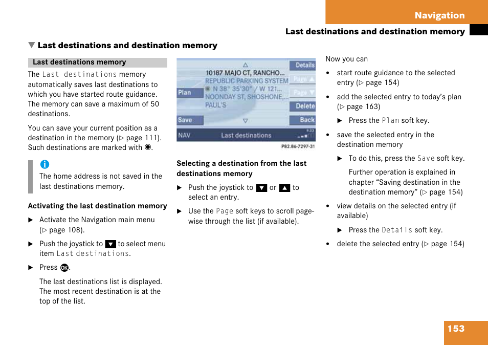 Last destinations and destination memory, Last destinations memory, 153 navigation | Mercedes-Benz G-Class 2008 COMAND Manual User Manual | Page 153 / 192