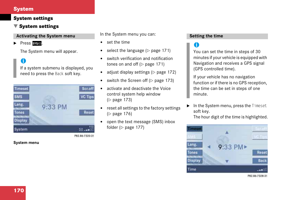 System settings, Activating the system menu, Setting the time | Activating the system menu setting the time, 170 system | Mercedes-Benz G-Class 2008 COMAND Manual User Manual | Page 170 / 192