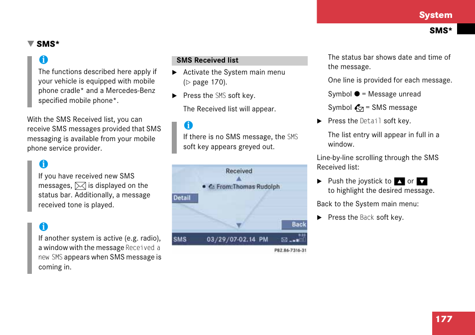 Sms received list, 177 system | Mercedes-Benz G-Class 2008 COMAND Manual User Manual | Page 177 / 192