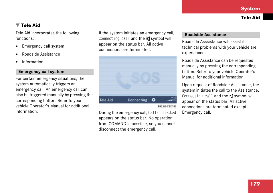 Tele aid, Emergency call system, Roadside assistance | Emergency call system roadside assistance, 179 system | Mercedes-Benz G-Class 2008 COMAND Manual User Manual | Page 179 / 192