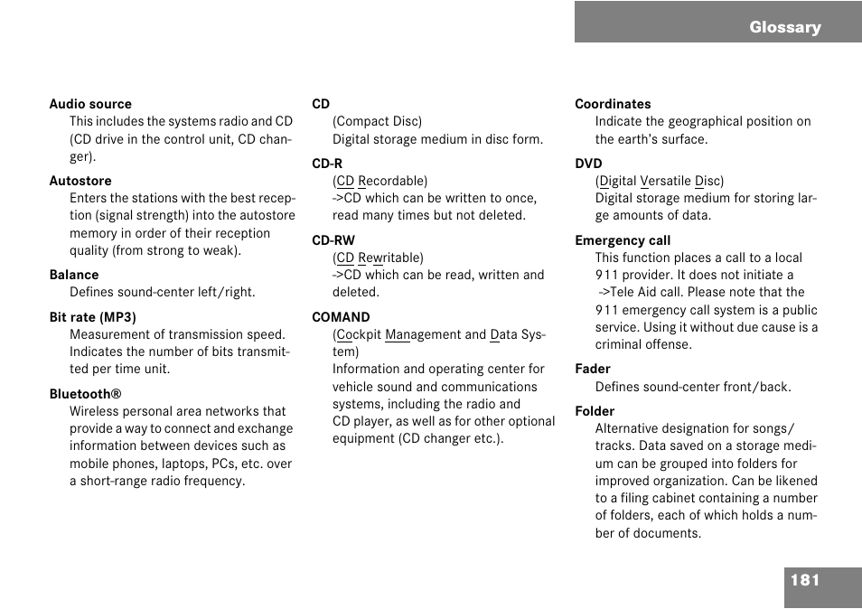 Glossary, 181 glossary | Mercedes-Benz G-Class 2008 COMAND Manual User Manual | Page 181 / 192
