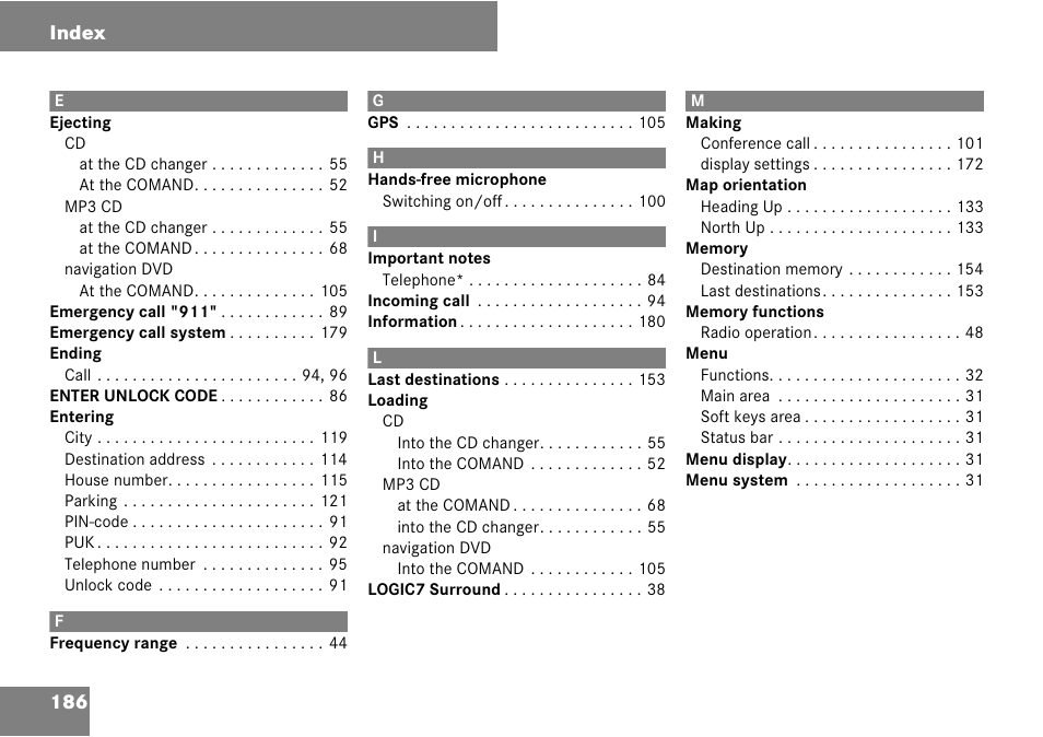 186 index | Mercedes-Benz G-Class 2008 COMAND Manual User Manual | Page 186 / 192