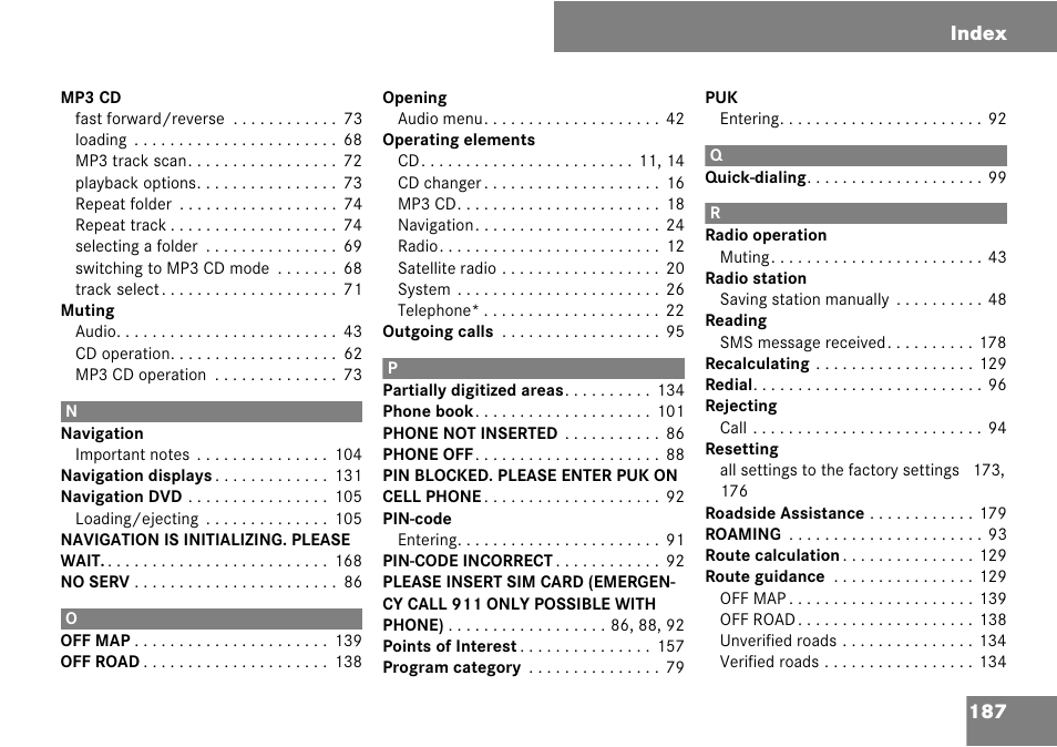 187 index index | Mercedes-Benz G-Class 2008 COMAND Manual User Manual | Page 187 / 192