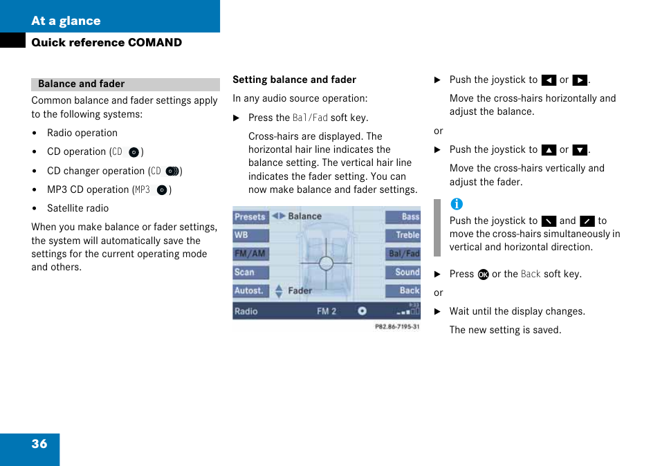 Balance and fader, 36 at a glance | Mercedes-Benz G-Class 2008 COMAND Manual User Manual | Page 36 / 192