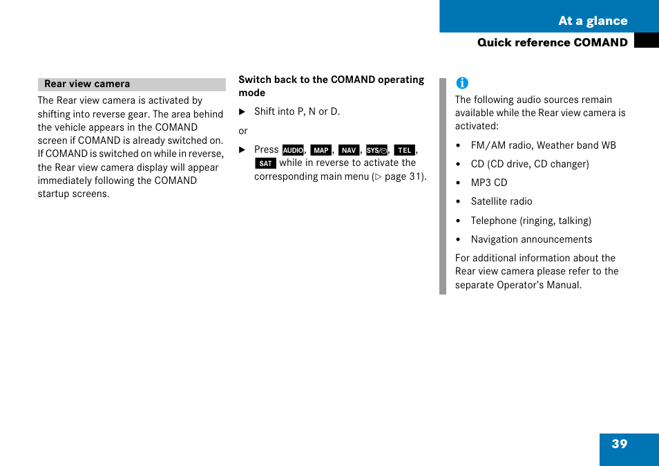 Rear view camera, 39 at a glance | Mercedes-Benz G-Class 2008 COMAND Manual User Manual | Page 39 / 192