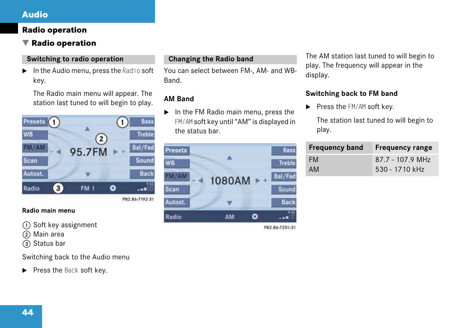Radio operation, Switching to radio operation, Changing the radio band | 44 audio | Mercedes-Benz G-Class 2008 COMAND Manual User Manual | Page 44 / 192