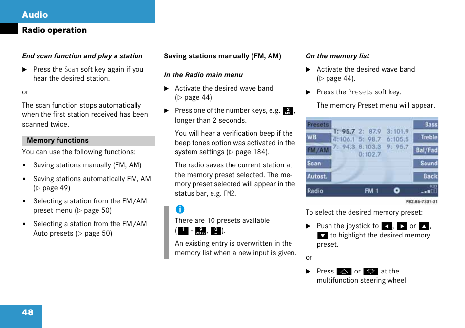 Memory functions, 48 audio | Mercedes-Benz G-Class 2008 COMAND Manual User Manual | Page 48 / 192