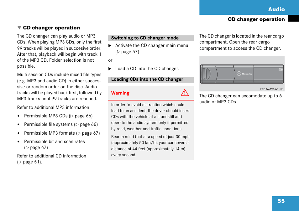 Cd changer operation, Switching to cd changer mode, Loading cds into the cd changer | 55 audio | Mercedes-Benz G-Class 2008 COMAND Manual User Manual | Page 55 / 192