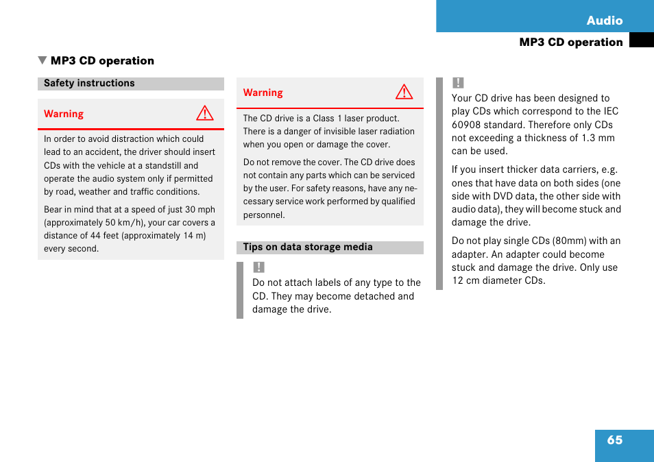 Mp3 cd operation, Safety instructions, Tips on data storage media | Safety instructions tips on data storage media, 65 audio | Mercedes-Benz G-Class 2008 COMAND Manual User Manual | Page 65 / 192
