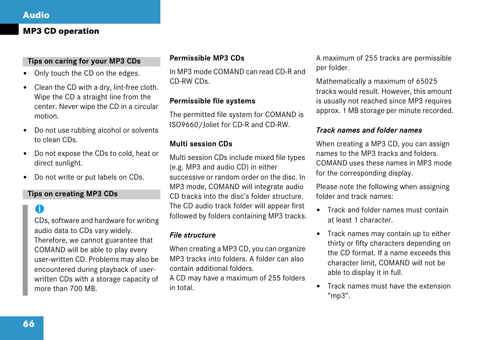 Tips on caring for your mp3 cds, Tips on creating mp3 cds, 3 cds | Stems, 66 audio | Mercedes-Benz G-Class 2008 COMAND Manual User Manual | Page 66 / 192
