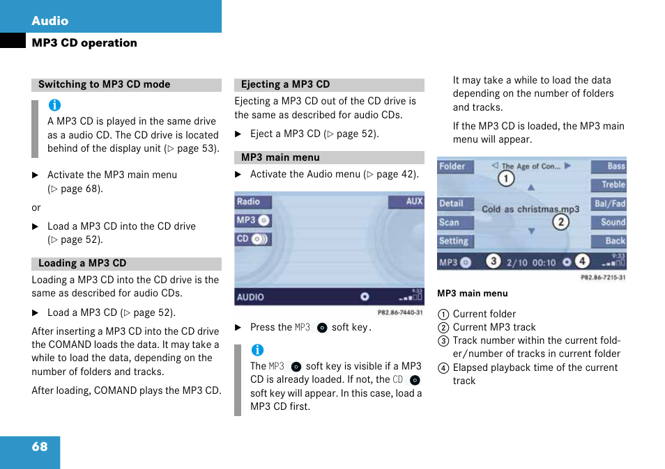 Switching to mp3 cd mode, Loading a mp3 cd, Ejecting a mp3 cd | Mp3 main menu, 68 audio | Mercedes-Benz G-Class 2008 COMAND Manual User Manual | Page 68 / 192