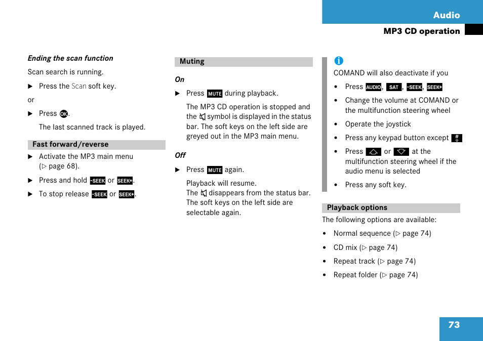 Fast forward/reverse, Muting, Playback options | Fast forward/reverse muting playback options, 73 audio | Mercedes-Benz G-Class 2008 COMAND Manual User Manual | Page 73 / 192