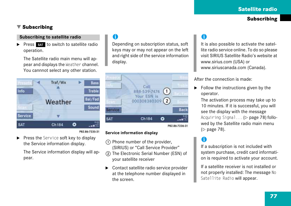 Subscribing, Subscribing to satellite radio, 77 satellite radio | Mercedes-Benz G-Class 2008 COMAND Manual User Manual | Page 77 / 192