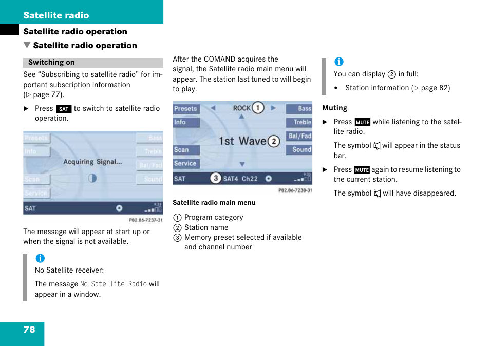 Satellite radio operation, Switching on, 78 satellite radio | Mercedes-Benz G-Class 2008 COMAND Manual User Manual | Page 78 / 192