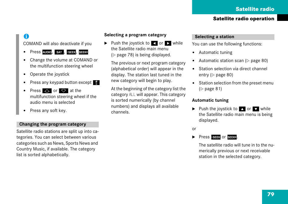 Changing the program category, Selecting a station, Changing the program category selecting a station | 79 satellite radio | Mercedes-Benz G-Class 2008 COMAND Manual User Manual | Page 79 / 192