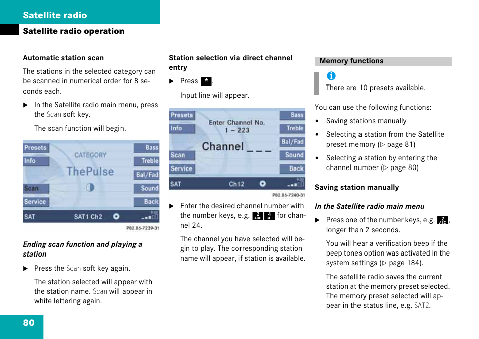 Memory functions, Entry, 80 satellite radio | Mercedes-Benz G-Class 2008 COMAND Manual User Manual | Page 80 / 192