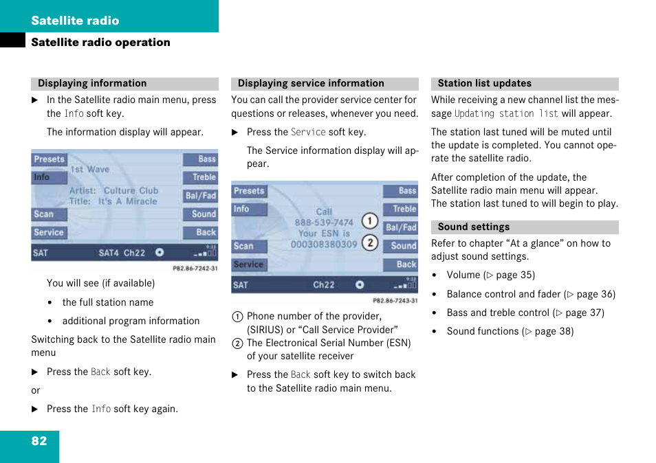 Displaying information, Displaying service information, Station list updates | Sound settings, Formation, 82 satellite radio | Mercedes-Benz G-Class 2008 COMAND Manual User Manual | Page 82 / 192