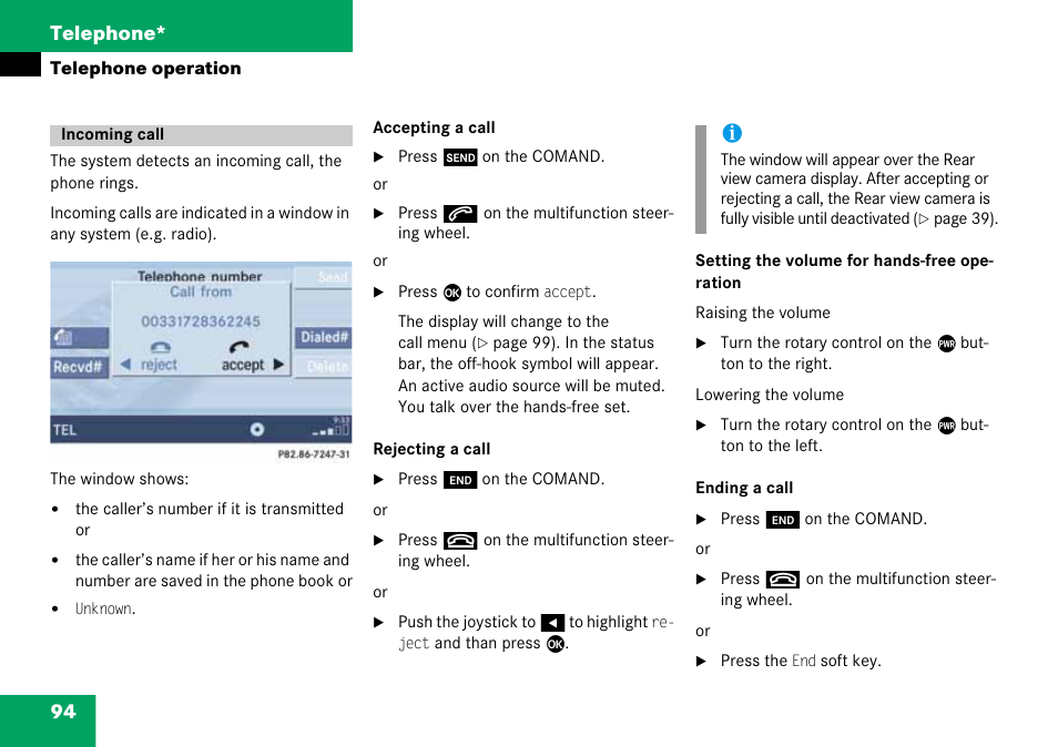 Incoming call, 94 telephone | Mercedes-Benz G-Class 2008 COMAND Manual User Manual | Page 94 / 192