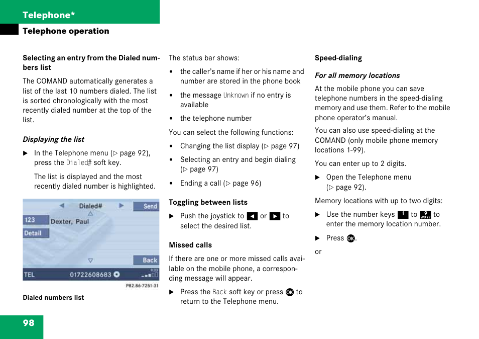 Use speed-dialing, 98 telephone | Mercedes-Benz G-Class 2008 COMAND Manual User Manual | Page 98 / 192