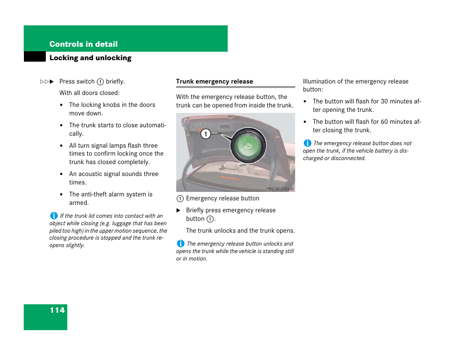 Trunk emergency release | Mercedes-Benz CLS-Class 2008 Owners Manual User Manual | Page 115 / 481