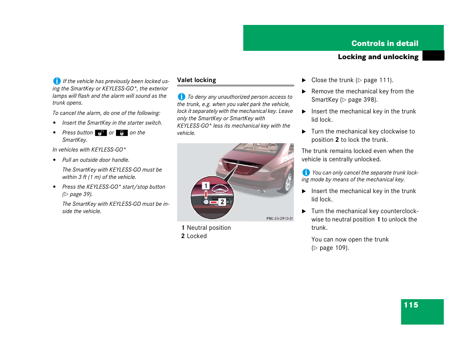 Trunk:valet locking;valet locking, Valet locking, 115 controls in detail | Mercedes-Benz CLS-Class 2008 Owners Manual User Manual | Page 116 / 481