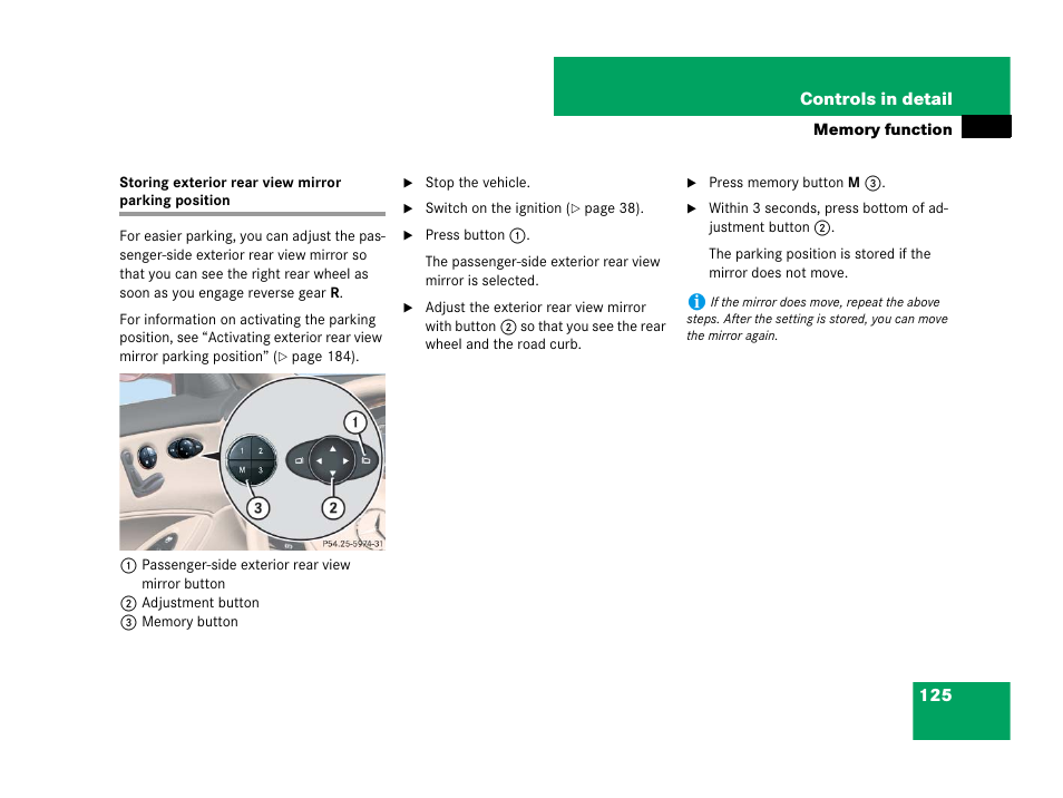 Mirrors:storing exterior mirror parking position, Storing exterior rear view mirror parking position | Mercedes-Benz CLS-Class 2008 Owners Manual User Manual | Page 126 / 481