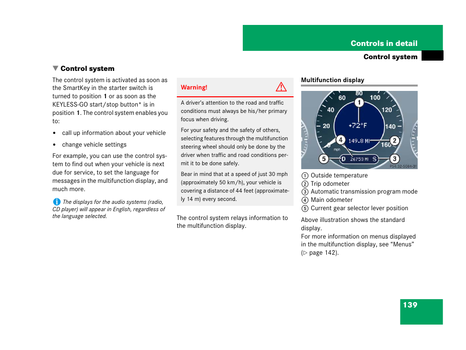 Control system, Instrument cluster:multifunction display, Multifunction display | Mercedes-Benz CLS-Class 2008 Owners Manual User Manual | Page 140 / 481