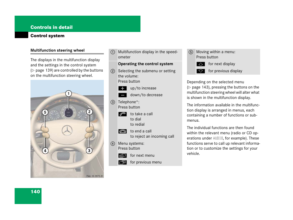 Multifunction steering wheel:button operation, Multifunction steering wheel | Mercedes-Benz CLS-Class 2008 Owners Manual User Manual | Page 141 / 481