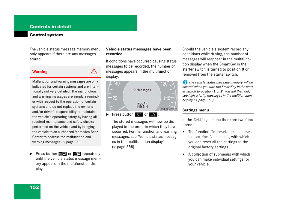 Control system menus:settings, Settings menu | Mercedes-Benz CLS-Class 2008 Owners Manual User Manual | Page 153 / 481
