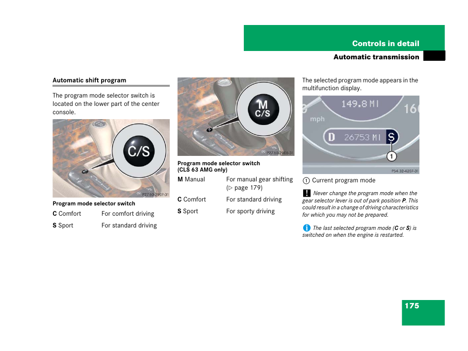 Automatic transmission:automatic shift program, Automatic shift program | Mercedes-Benz CLS-Class 2008 Owners Manual User Manual | Page 176 / 481
