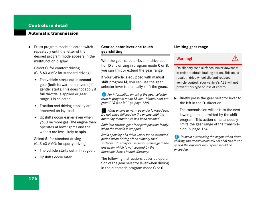 Gear selector lever one-touch gearshifting | Mercedes-Benz CLS-Class 2008 Owners Manual User Manual | Page 177 / 481