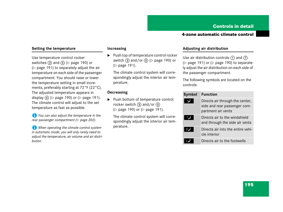 Setting the temperature adjusting air distribution | Mercedes-Benz CLS-Class 2008 Owners Manual User Manual | Page 196 / 481