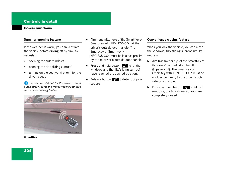 Summer opening feature convenience closing feature, See “summer opening feature, See “summer opening fea- ture | Mercedes-Benz CLS-Class 2008 Owners Manual User Manual | Page 209 / 481