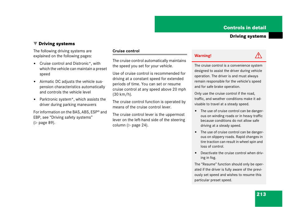 Driving systems, Cruise control | Mercedes-Benz CLS-Class 2008 Owners Manual User Manual | Page 214 / 481