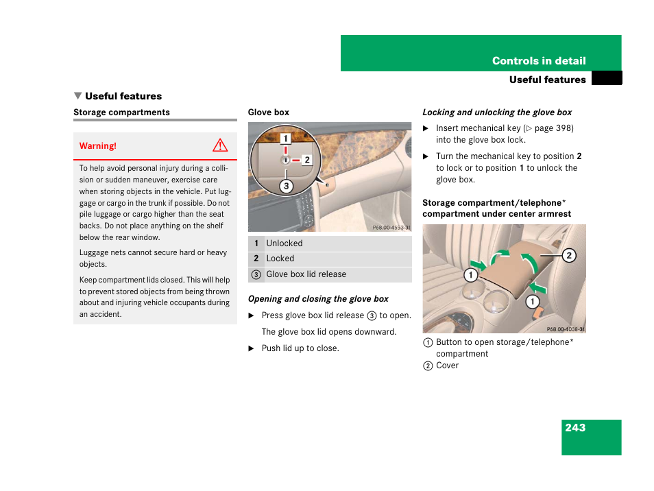 Useful features, Storage compartments, Seful features | Mercedes-Benz CLS-Class 2008 Owners Manual User Manual | Page 244 / 481