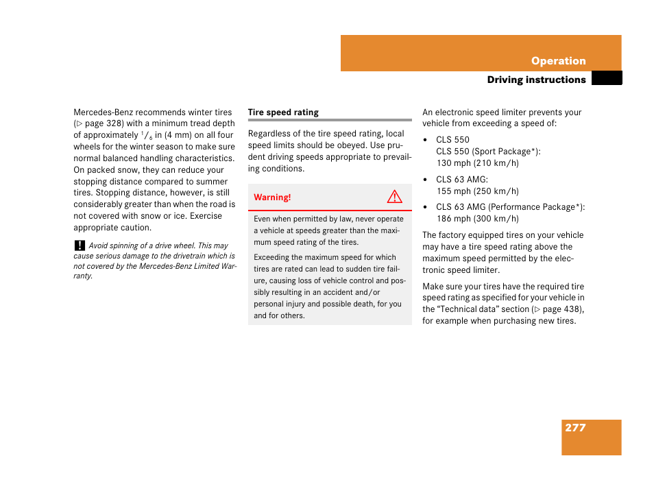 Tire speed rating | Mercedes-Benz CLS-Class 2008 Owners Manual User Manual | Page 278 / 481