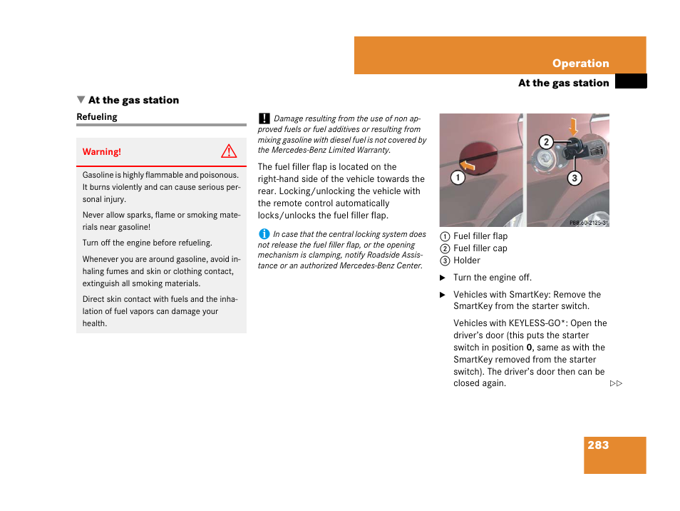 Fuel filler flap:opening, Fuel:filling the tank, At the gas station | Refueling | Mercedes-Benz CLS-Class 2008 Owners Manual User Manual | Page 284 / 481