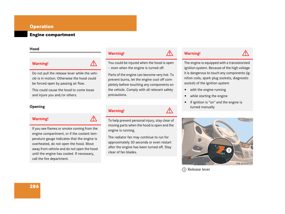 Engine:compartment, Hood, Engine compartment | Mercedes-Benz CLS-Class 2008 Owners Manual User Manual | Page 287 / 481