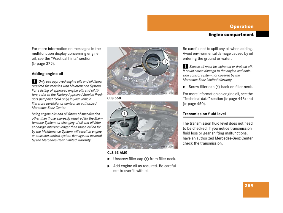 Transmission fluid level, See “adding engine oil | Mercedes-Benz CLS-Class 2008 Owners Manual User Manual | Page 290 / 481