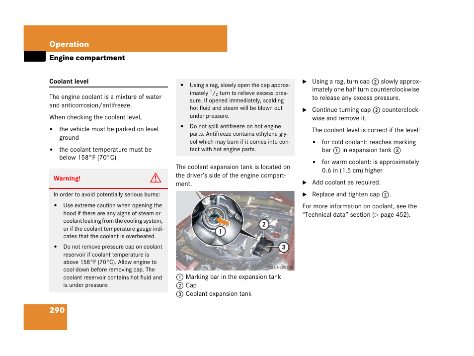 Coolant:checking level, Coolant level, See “coolant level | 290 operation | Mercedes-Benz CLS-Class 2008 Owners Manual User Manual | Page 291 / 481