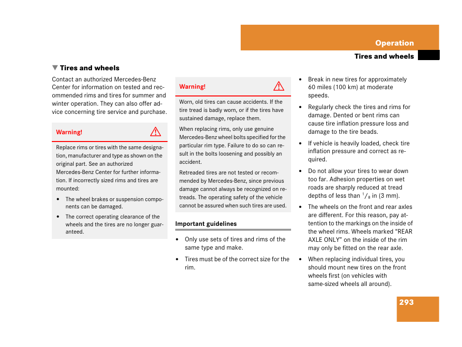 Tires:retreads, Important guidelines, Tires and wheels | 293 operation | Mercedes-Benz CLS-Class 2008 Owners Manual User Manual | Page 294 / 481