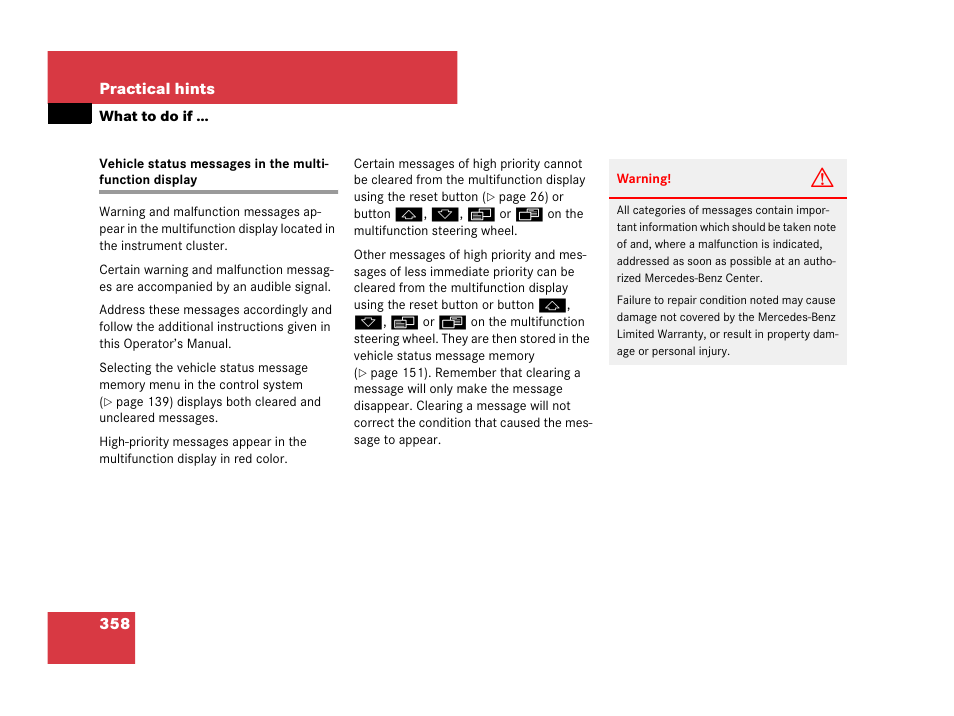 Displays:messages in display | Mercedes-Benz CLS-Class 2008 Owners Manual User Manual | Page 359 / 481