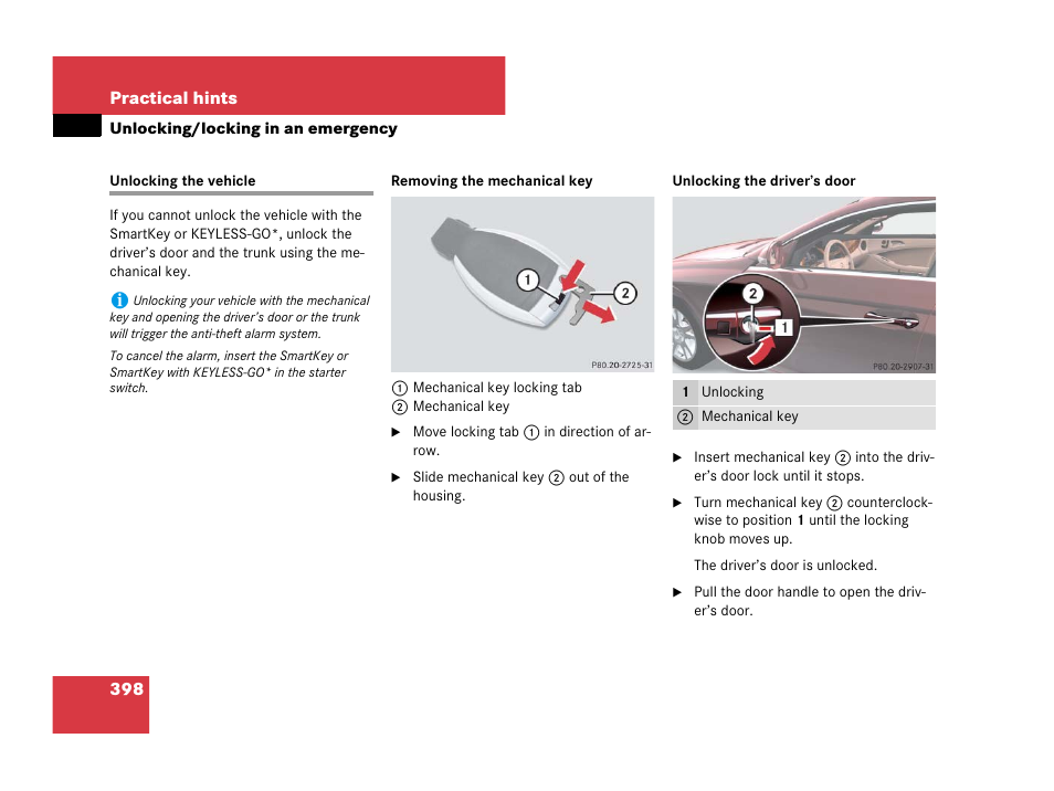 Unlocking:in an emergency, Unlocking:mechanical key, Unlocking/locking in an emergency | Unlocking the vehicle, S door | Mercedes-Benz CLS-Class 2008 Owners Manual User Manual | Page 399 / 481