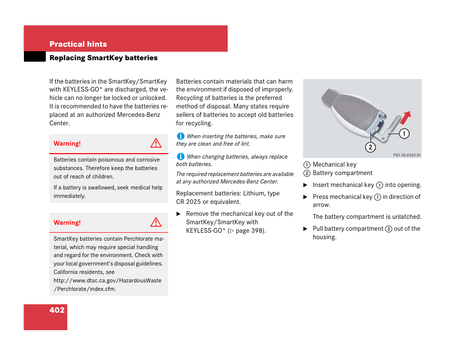 Changing batteries, Replacing smartkey batteries | Mercedes-Benz CLS-Class 2008 Owners Manual User Manual | Page 403 / 481