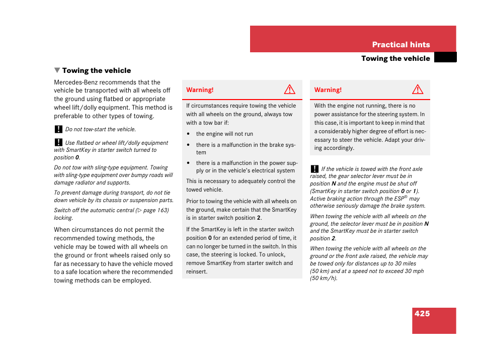 Towing the vehicle | Mercedes-Benz CLS-Class 2008 Owners Manual User Manual | Page 426 / 481